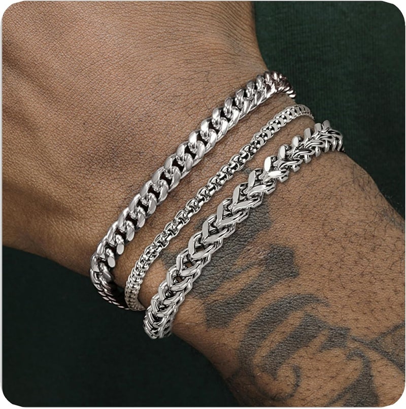 DAYANEY Silver and Gold Bracelet for Men, Cuban Chain Bracelet Set Water Proof Stainless Steel Bracelet for Him, Adjustable Gold Link Men Braclet as Valentines Jewelry Gifts for Boyfriend, Dad and Son - Image 1